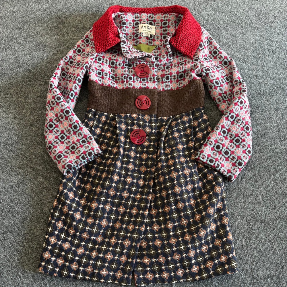 An Ren New York Womens Small Wool Blend Geometric Mixed Media Coat Red Brown